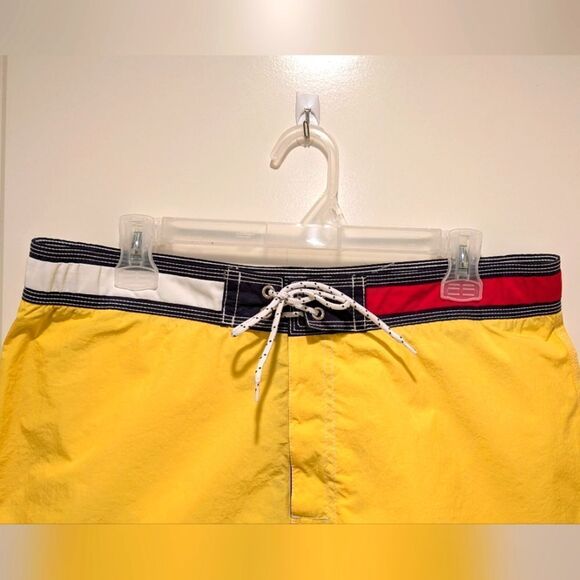EUC 90s Tommy Hilfiger L Yellow Swim Trunks with Iconic Red and White Waistband - Picture 2 of 7